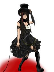 Rule 34 | 1girl, astral dogma (yousei teikoku), black hair, female focus, gothic lolita, hat, j-rock, lolita fashion, long hair, looking at viewer, multicolored hair, simple background, solo, standing, steampunk, takigawa zakuro, two-tone hair, white background, yousei teikoku, yui (yousei teikoku)