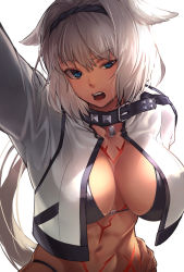 Rule 34 | 1girl, abs, akinaie, animal ears, backlighting, bikini, black bikini, blue eyes, body markings, breasts, caenis (fate), cleavage, collar, collarbone, dark-skinned female, dark skin, fate/grand order, fate (series), hairband, highres, jacket, long hair, long sleeves, looking at viewer, navel, open clothes, open jacket, open mouth, outstretched arm, ponytail, pubic tattoo, solo, swimsuit, tattoo, toned, white hair, white jacket