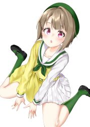 Rule 34 | 1girl, :o, absurdres, artist name, artist request, asymmetrical sleeves, bare legs, belt, beret, black footwear, blush, breasts, brown hair, buttons, collarbone, dress, dress shirt, female focus, full body, green hat, green legwear, green neckerchief, grey hair, hat, highres, kneeling, layered skirt, light brown hair, long sleeves, looking at viewer, looking up, love live!, love live! nijigasaki high school idol club, love live! school idol festival, miniskirt, mirai harmony, mismatched sleeves, nakasu kasumi, neckerchief, parted lips, pink eyes, plaid, plaid skirt, pleated, pleated skirt, red eyes, sailor collar, shirt, shoes, short hair, sitting, skirt, small breasts, smile, solo, striped clothes, striped skirt, white sailor collar, white shirt, white skirt, yellow belt, yellow shirt, yellow skirt
