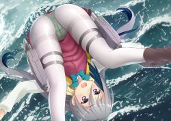 Rule 34 | 10s, 1girl, aqua bow, aqua bowtie, ass, bad id, bad pixiv id, boots, bow, bowtie, brown footwear, cross-laced footwear, diffraction spikes, dress, eyebrows, grey hair, grey pantyhose, hair between eyes, highres, kantai collection, kiyoshimo (kancolle), lace-up boots, long hair, long sleeves, lying, machinery, ocean, on back, open mouth, panties, panties under pantyhose, pantyhose, polka dot, polka dot panties, purple eyes, rikorin, round teeth, shirt, sleeveless, sleeveless dress, solo, teeth, thigh strap, underwear, very long hair, water, water drop, white pantyhose, white shirt