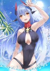 Rule 34 | 1girl, absurdres, alternate costume, android, beach, blue hair, breasts, highres, large breasts, long hair, poppi (xenoblade), poppi qtpi (xenoblade), red eyes, risumi (taka-fallcherryblossom), robot ears, solo, swimsuit, water, xenoblade chronicles (series), xenoblade chronicles 2