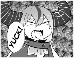 Rule 34 | &gt; &lt;, 1girl, collar, derivative work, drawfag, fangs, greyscale, highres, hololive, horns, la+ darknesss, comic panel redraw, monochrome, multicolored hair, portrait, solo, speech bubble, streaked hair, tongue, tongue out, touhou, v-shaped eyebrows, virtual youtuber