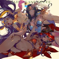Rule 34 | 3girls, absurdres, animal ears, aqua eyes, bare shoulders, black hair, breasts, cleavage, commentary, dark-skinned female, dark skin, facial mark, fate/grand order, fate (series), fingernails, grandia lee, green eyes, hair ornament, highres, lips, long hair, looking at viewer, medium breasts, multiple girls, nail polish, navel, nitocris (fate), parted lips, purple eyes, purple hair, queen of sheba (fate), scheherazade (fate), shiny skin, simple background, stomach, thighs, underboob