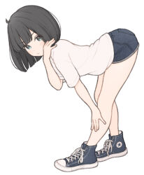 Rule 34 | 1girl, 1ssakawaguchi, absurdres, ahoge, bent over, black hair, blue eyes, blue footwear, blue shorts, bob cut, closed mouth, commentary request, converse, cross-laced footwear, denim, denim shorts, dot nose, from side, high tops, highres, ichika (1ssakawaguchi), light blush, looking at viewer, original, shirt, shoes, short hair, short shorts, short sleeves, shorts, simple background, sneakers, solo, standing, white background, white shirt