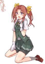 Rule 34 | 10s, 1girl, :o, ahoge, bad id, bad nicoseiga id, bike shorts, bike shorts under skirt, blouse, blush, brown footwear, brown hair, full body, gloves, hair ornament, hair ribbon, hand on own thigh, hand on thigh, highres, kagerou (kancolle), kantai collection, kneeling, loafers, long hair, open mouth, p.k.f, pleated skirt, purple eyes, ribbon, school uniform, shirt, shoes, short sleeves, shorts, shorts under skirt, simple background, skirt, solo, twintails, twitter username, vest, white background, white gloves, white shirt