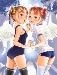 Rule 34 | 2girls, angel wings, ass, black thighhighs, blue buruma, blue one-piece swimsuit, blue school swimsuit, blush, bow, braid, breasts, brown eyes, brown hair, buruma, commentary request, cowboy shot, eyelashes, feathered wings, feathers, female focus, forest, from behind, gym shirt, gym uniform, hair bow, hair ornament, highres, holding hands, interlocked fingers, legs apart, legs together, long hair, looking back, multiple girls, nature, new school swimsuit, one-piece swimsuit, open mouth, original, outdoors, polka dot, ribbon, school swimsuit, shirt, short hair, short sleeves, skindentation, small breasts, smile, standing, swimsuit, thighhighs, thighs, tongue, tongue out, tree, twin braids, twintails, uniform, wadachitokakeru, white shirt, white thighhighs, wings