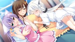 Rule 34 | 3girls, animal ears, apron, ass grab, between breasts, blush, bow, grabbing another&#039;s breast, breasts, brown eyes, brown hair, cat ears, corona blossom, dress, closed eyes, fang, frilled dress, frills, game cg, girl sandwich, grabbing, green eyes, heterochromia, hioki kanade, large breasts, lily lucalusa shamony, long hair, looking at another, looking at viewer, looking away, multiple girls, nanaka mai, naughty face, open mouth, pink dress, purple hair, r-ne, sandwiched, scrunchie, star (symbol), twintails, very long hair, white dress, white hair, yellow dress, yellow eyes, yuri