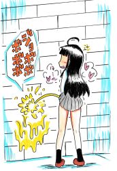Rule 34 | ambiguous gender, black hair, blush, clothes lift, crossdressing, highres, lifted by self, long hair, mikan1t1, open mouth, original, peeing, peeing on wall, school uniform, skirt, skirt lift, solo, standing