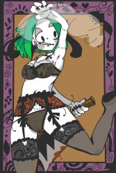 Rule 34 | 1girl, 2018, absurdres, arm up, arms behind back, black nails, blood, border, bra, brown background, cameltoe, cigarette, cleft of venus, earrings, garter belt, garter straps, green hair, half-closed eyes, hassan83, highres, holding, holding knife, jewelry, knife, lace, lace-trimmed bra, lace-trimmed legwear, lace-trimmed panties, lace trim, leg up, lingerie, nail polish, original, pale skin, panties, purple border, smoking, solo, stitched mouth, stitches, thighhighs, underwear, zombie