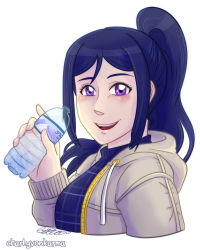 Rule 34 | 1girl, artist name, artist request, blue hair, blue sweater, blush, bottle, close-up, coat, drawstring, female focus, grey coat, hair between eyes, high ponytail, highres, holding, holding bottle, long hair, long sleeves, looking at viewer, love live!, love live! school idol festival, love live! sunshine!!, matsuura kanan, nail, nail polish, open clothes, open coat, parted lips, pink nails, pink nails, ponytail, purple eyes, smile, solo, sweater, upper body, water bottle, white background, zipper, zipper pull tab