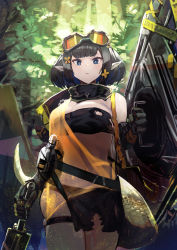 Rule 34 | 1girl, :/, arknights, bandeau, bannouyakunta, belt, black bandeau, black gloves, black hair, black scarf, black tube top, blue eyes, breasts, cleavage, closed mouth, commentary request, cowboy shot, eunectes (arknights), flower, flower (symbol), gloves, goggles, goggles on head, hair flower, hair ornament, highres, holding, holding shield, large breasts, light particles, loincloth, looking at viewer, outdoors, pointy ears, scarf, shield, short hair, skindentation, snake tail, solo, strapless, sunlight, tail, thigh strap, torn clothes, tree, tube top