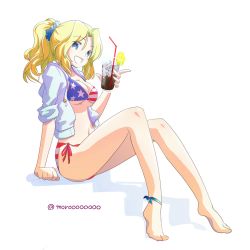 Rule 34 | 10s, 1girl, :d, alternate hairstyle, american flag bikini, american flag print, anklet, arm support, bikini, bikini under clothes, blonde hair, blue eyes, blue jacket, breasts, cleavage, drinking straw, flag print, food, fruit, full body, girls und panzer, glass, hair intakes, hair up, highres, holding, hood, hooded jacket, hoodie, ice, invisible chair, jacket, jewelry, kay (girls und panzer), lemon, long hair, long sleeves, looking at viewer, medium breasts, moro (like the gale!), navel, open clothes, open jacket, open mouth, print bikini, scrunchie, short ponytail, side-tie bikini bottom, sitting, sleeves rolled up, smile, solo, swimsuit, twitter username, white background