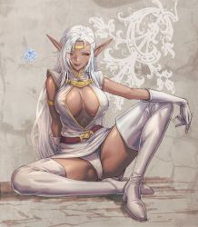 Rule 34 | 1girl, areola slip, boots, breasts, circlet, covered erect nipples, dark-skinned female, dark elf, dark skin, elf, fujii eishun, gloves, highres, large breasts, lips, panties, pirotess, pointy ears, record of lodoss war, signature, sitting, smile, solo, spread legs, thigh boots, thighhighs, underwear, white gloves, white hair, white panties, yellow eyes