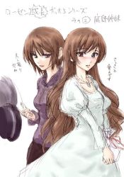 Rule 34 | 00s, 2girls, aged up, blouse, brown hair, buttons, collarbone, doll, dress, green dress, green eyes, haru (primavera), heterochromia, jewelry, long hair, long sleeves, looking at viewer, motion blur, motion lines, multiple girls, necklace, own hands together, pendant, purple shirt, red eyes, rozen maiden, shirt, siblings, simple background, sisters, souseiseki, spinning, straightchromia, suiseiseki, twins, v arms, white background