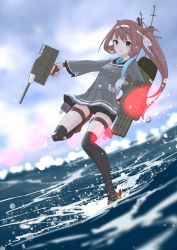 Rule 34 | 1girl, asagumo (kancolle), bike shorts, black thighhighs, blue eyes, brown hair, commentary, full body, hachimaki, headband, highres, holding, holding turret, kantai collection, leg up, long hair, neve (morris-minicooper), official alternate costume, official alternate hairstyle, pleated skirt, ponytail, school uniform, short shorts, shorts, shorts under skirt, skirt, solo, thighhighs, turret, twintails, white headband