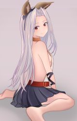 Rule 34 | 1girl, backless outfit, bare legs, bare shoulders, breasts, erune, granblue fantasy, hair intakes, halterneck, highres, long hair, looking at viewer, mahdi, miniskirt, red eyes, scathacha (granblue fantasy), sideboob, silver hair, sitting, skirt, small breasts, smile, solo, wariza