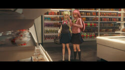 2girls absurdres basket black_border black_footwear black_skirt black_socks blue_eyes blue_skirt blurry blurry_foreground bocchi_the_rock! border bottle bow bowtie box breasts brown_sweater_vest can commentary_request cube_hair_ornament dated_commentary food gotoh_hitori groceries grocery_store hair_between_eyes hair_ornament higgs1750_(phaesr) highres holding holding_basket holding_box holding_food ijichi_nijika indoors jacket letterboxed loafers long_hair long_sleeves looking_at_object medium_breasts mole mole_under_eye multiple_girls one_side_up open_mouth pink_hair pink_jacket pink_track_suit pleated_skirt polka_dot_bowtie ponytail_with_braided_base red_bow red_bowtie red_eyes refrigerator scenery school_uniform shelf shimokitazawa_high_school_uniform shirt shirt_under_sweater shoes shop shopping shopping_basket side_ponytail skirt socks sweater_vest takeout_container tile_floor tiles track_jacket track_suit very_long_hair white_shirt white_socks