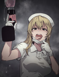 Rule 34 | 1girl, bad id, bad pixiv id, blonde hair, breasts, female focus, forked tongue, gloves, hat, long hair, mask, medium breasts, mouth mask, nurse, nurse cap, open mouth, piercing, solo, surgical mask, teeth, tkhs, tongue, tongue out, tongue piercing, white gloves