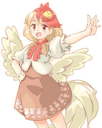 Rule 34 | 1girl, animal, animal on head, arnest, bird, bird on head, blonde hair, blush, chick, cowboy shot, dress, hand on own hip, medium hair, multicolored hair, niwatari kutaka, on head, open mouth, orange dress, outstretched arm, red eyes, red hair, short sleeves, simple background, smile, solo, tail, touhou, two-tone hair, white background, wings