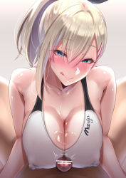 Rule 34 | 1boy, 1girl, :q, andou you, bar censor, blonde hair, blue eyes, blush, breasts, censored, collarbone, competition swimsuit, covered erect nipples, eyes visible through hair, hetero, large breasts, licking lips, looking at viewer, naughty face, one-piece swimsuit, original, paizuri, penis, ponytail, short hair, swimsuit, tongue, tongue out