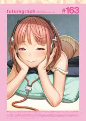 Rule 34 | 1girl, blush, camisole, hands on own face, headphones, highres, lying, murata range, on stomach, original, panties, pillow, pink hair, short hair, solo, strap slip, underwear, underwear only