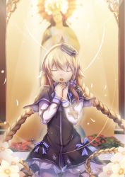 Rule 34 | 1girl, :o, blonde hair, bow, braid, cross, cross necklace, dress, closed eyes, flower, hair ribbon, hat, jewelry, long hair, long sleeves, magi in wanchin basilica, necklace, nun, pantyhose, praying, ribbon, snowflakes, solo, statue, striped, striped bow, twin braids, very long hair, vococo, white pantyhose, xiao ma