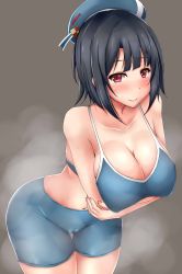 Rule 34 | 1girl, absurdres, arms under breasts, bad id, bad twitter id, beret, black hair, blue hat, blue pants, blue sports bra, blush, breasts, cameltoe, cleavage, closed mouth, collarbone, crossed arms, gradient background, grey background, hat, highres, kantai collection, large breasts, looking at viewer, navel, pants, red eyes, short hair, smell, smile, solo, sports bra, standing, steam, steaming body, sweat, takao (kancolle), terakoya, upper body