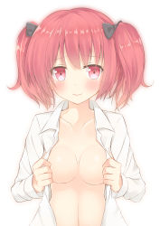 Rule 34 | 1girl, absurdres, blush, bow, breasts, collarbone, go-1, hair bow, hasegawa urumi, highres, kaitori oukoku, looking at viewer, mascot, medium breasts, open clothes, open shirt, original, pink eyes, pink hair, shirt, short hair, solo, two side up, white background