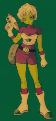 Rule 34 | 1girl, arm at side, armor, bad id, bad twitter id, belt, bike shorts, boots, breasts, cheelai, cleavage, closed mouth, colored skin, curvy, dragon ball, dragon ball super, dragon ball super broly, eyelashes, fanny pack, film grain, full body, gloves, green-tinted eyewear, green background, green skin, gun, half-closed eyes, hand up, handgun, highres, holding, holding gun, holding weapon, knee boots, light smile, looking at viewer, medium breasts, pikurusu, pistol, purple eyes, purple socks, scouter, short hair, simple background, socks, solo, standing, tinted eyewear, very short hair, weapon, white footwear, white gloves, white hair
