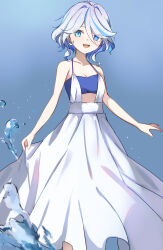 Rule 34 | 1girl, :d, absurdres, ahoge, bandeau, bare arms, bare shoulders, blue background, blue eyes, blue hair, commentary request, dress, furina (genshin impact), genshin impact, hair intakes, highres, looking at viewer, midriff, multicolored hair, open mouth, ponzu pon9, sleeveless, sleeveless dress, smile, solo, standing, strapless, streaked hair, tube top, water, white dress