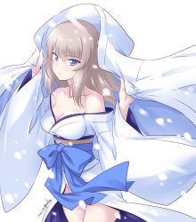 Rule 34 | 1girl, artist name, bare shoulders, blue eyes, blush, breasts, cleavage, closed mouth, collarbone, cowboy shot, dated, feet out of frame, girls und panzer, highres, itsumi erika, japanese clothes, kimono, kuzuryuu kennosuke, large breasts, looking at viewer, medium hair, shiny skin, simple background, snow, snowing, solo, standing, upper body, white background, white hair, yukata
