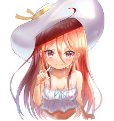 Rule 34 | 1girl, blue ribbon, blush, breasts, cleavage, closed mouth, collarbone, cropped torso, hair between eyes, hat, hat ribbon, highres, long hair, looking at viewer, midriff, navel, nono (nono 846), red eyes, red hair, ribbon, shakugan no shana, shana, simple background, small breasts, smile, solo, stomach, straight hair, sun hat, upper body, very long hair, white background, white hat, yellow ribbon