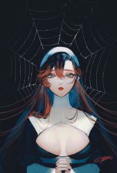 Rule 34 | 1girl, aqua eyes, archived source, bad id, bad twitter id, black background, black nails, breasts, breasts apart, habit, hair between eyes, highres, kamato il, medium breasts, multicolored hair, nail polish, nun, original, own hands together, signature, silk, solo, spider web, two-tone hair, upper body