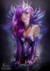 Rule 34 | 1girl, bare shoulders, breasts, choker, crown, dark elementalist lux, dress, elbow gloves, elementalist lux, feathers, firolian, gloves, highres, league of legends, leaning forward, lipstick, long hair, lux (league of legends), makeup, medium breasts, purple eyes, purple gloves, purple hair, purple lips, short dress, side ponytail, signature, solo, strapless, strapless dress, watermark, web address