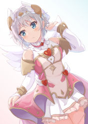 Rule 34 | 1girl, arm up, blue eyes, blush, dotton9, dress, frown, hair ornament, heart, highres, pink dress, princess connect!, short hair, silver hair, simple background, skirt, skirt hold, solo, standing, white background, white skirt, white wings, wings, yori (angel) (princess connect!), yori (princess connect!)