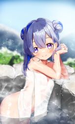 Rule 34 | 1girl, alternate hairstyle, amane kanata, blue hair, breasts, colored inner hair, commentary request, dongchuan, double bun, eyebrows hidden by hair, grey hair, hair between eyes, hair bun, head rest, hololive, multicolored hair, naked towel, onsen, partially submerged, purple eyes, see-through, small breasts, solo, steam, streaked hair, towel, two-tone hair, virtual youtuber