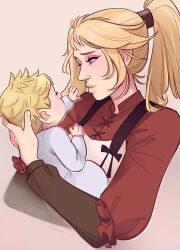 Rule 34 | 1boy, 1girl, absurdres, apron, black shirt, blonde hair, blue eyes, claudia strife, cloud strife, final fantasy, final fantasy vii, final fantasy vii remake, hair tie, highres, holding baby, long hair, long sleeves, looking at another, mother and son, parted lips, ponytail, red shirt, shirt, short hair, sidelocks, skirtzzz, upper body, white apron