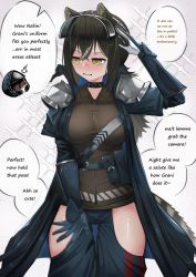 Rule 34 | 1girl, absurdres, animal ears, arknights, armor, blue coat, blush, brown hair, brown shirt, cloverse6, coat, cosplay, cowboy shot, doctor (arknights), english text, grani (arknights), grani (arknights) (cosplay), grey background, hair between eyes, highres, hip vent, infection monitor (arknights), long hair, long sleeves, multicolored hair, open mouth, pauldrons, raccoon ears, raccoon girl, raccoon tail, robin (arknights), salute, shirt, shoulder armor, simple background, solo, streaked hair, tail, visor (armor), visor lift, yellow eyes