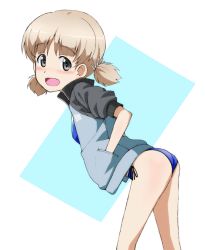 Rule 34 | 1girl, aki (girls und panzer), ass, bikini, blue bikini, blue jacket, blush, breasts, commentary, from side, girls und panzer, green eyes, hair tie, hands in pockets, jacket, kayabakoro, keizoku military uniform, leaning forward, light brown hair, looking at viewer, low twintails, one-hour drawing challenge, open clothes, open jacket, open mouth, short hair, short twintails, side-tie bikini bottom, small breasts, smile, solo, swimsuit, twintails