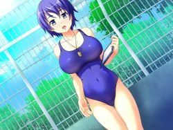 Rule 34 | 1girl, bare shoulders, blue eyes, blue hair, blush, breasts, cleavage, covered navel, game cg, large breasts, looking at viewer, matching hair/eyes, navel, one-piece swimsuit, open mouth, short hair, solo, standing, swimsuit, thigh gap, whistle