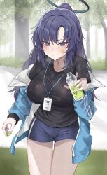 Rule 34 | 1girl, absurdres, black shirt, blue archive, blue jacket, blue shorts, blush, bottle, breasts, commentary request, gym uniform, halo, hangetsu15, highres, holding, holding bottle, id card, jacket, lanyard, large breasts, long hair, looking at viewer, off shoulder, official alternate costume, open clothes, open jacket, ponytail, purple eyes, purple hair, shirt, short sleeves, shorts, solo, star sticker, sticker, sticker on face, sweat, track jacket, water bottle, yuuka (blue archive), yuuka (track) (blue archive)