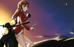Rule 34 | 1girl, backlighting, blue eyes, blush, brown hair, charlotte e. yeager, cloud, cup, desert, drink, highres, hiroshi (hunter-of-kct), leaning, legs, long hair, motor vehicle, motorcycle, sitting, smile, solo, star (sky), steam, strike witches, sunrise, vehicle, world witches series