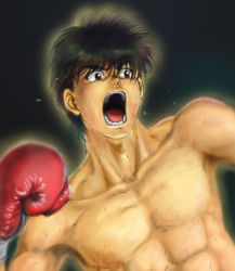Rule 34 | 1boy, abs, black background, black hair, boxing gloves, brown eyes, collarbone, flying sweatdrops, hajime no ippo, makunouchi ippo, male focus, muscular, open mouth, shinobibe himika, topless male, solo, sweat