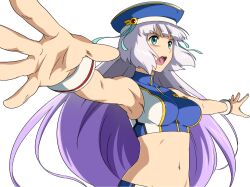 blue_hat bra breasts crop_top green_eyes gundam gundam_exa hat large_breasts non-web_source official_art purple_hair sthesia_awar training_bra underwear