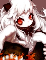 Rule 34 | 10s, 1girl, abyssal ship, ahoge, bad id, bad pixiv id, colored skin, horns, kantai collection, kumauwo, long hair, looking at viewer, mittens, northern ocean princess, red eyes, solo, white hair, white mittens, white skin