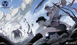 Rule 34 | 3girls, arknights, armor, battle, black footwear, black gloves, black hat, boots, braid, chinese commentary, circular saw, commentary request, copyright name, crop top, cross, cross necklace, dual persona, gloves, hammer, hat, helmet, high heel boots, high heels, highres, holding, holding hammer, holding weapon, horns, jewelry, jiaobulandebaomihua, long hair, long sleeves, looking at viewer, mudrock (arknights), mudrock (elite ii) (arknights), mudrock colossus (arknights), multiple girls, necklace, official alternate costume, outdoors, over shoulder, parted lips, red eyes, saw, single braid, sky, solo, specter (arknights), specter (undercurrent) (arknights), standing, thighs, torn clothes, very long hair, weapon, weapon over shoulder, weibo watermark, white hair