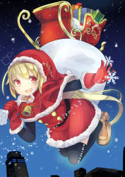 Rule 34 | 1girl, bell, black thighhighs, blonde hair, box, building, carrying over shoulder, christmas, colored eyelashes, flying, fur trim, gift, gift box, gloves, hat, highres, long hair, long sleeves, looking at viewer, night, open mouth, original, outdoors, outstretched hand, red eyes, red gloves, red hood, ribbon, sack, santa costume, santa gloves, santa hat, shoes, sleigh, snowflake print, snowflakes, snowing, solo, thighhighs, very long hair, yunekoko
