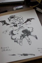 Rule 34 | 10s, 1girl, 2011, ascot, bat wings, bloomers, boots, bow, dated, eraser, flying, hat, hat bow, karaagetarou, mechanical pencil, monochrome, pencil, photo (medium), remilia scarlet, ribbon, short hair, signature, smile, tombow mono, touhou, traditional media, underwear, wings, wrist cuffs
