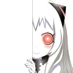 Rule 34 | 10s, 1girl, :&lt;, abyssal ship, airfield princess, blush stickers, horns, kantai collection, long hair, looking at viewer, mittens, nagineko, pale skin, peeking out, red eyes, single horn, smile, solo, transparent background, white hair