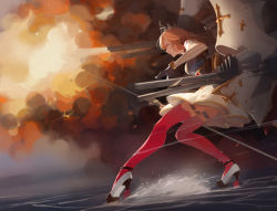 Rule 34 | 1girl, absurdres, azur lane, bare shoulders, battleship, black gloves, breasts, crown, dear faith, fire, fire, fleur-de-lis, from side, gloves, gold trim, high heels, highres, juliet sleeves, large breasts, long hair, long sleeves, military, military vehicle, orange hair, pink eyes, puffy sleeves, red thighhighs, richelieu (azur lane), rigging, ship, skirt, standing, standing on liquid, thighhighs, walking, walking on liquid, warship, water, watercraft, white footwear, white skirt